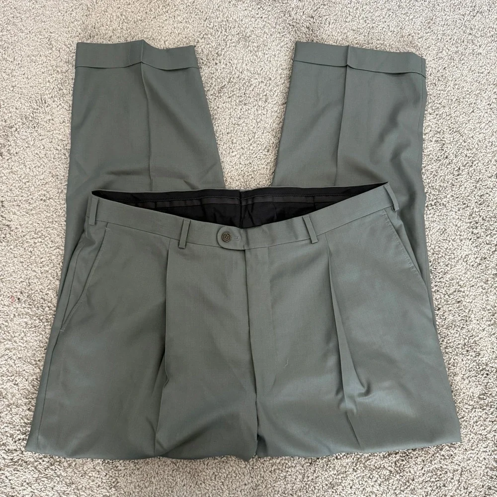 Heritage Gold‎ Mens Super 130s Wool Pleated Cuffed Pants Green Size 41